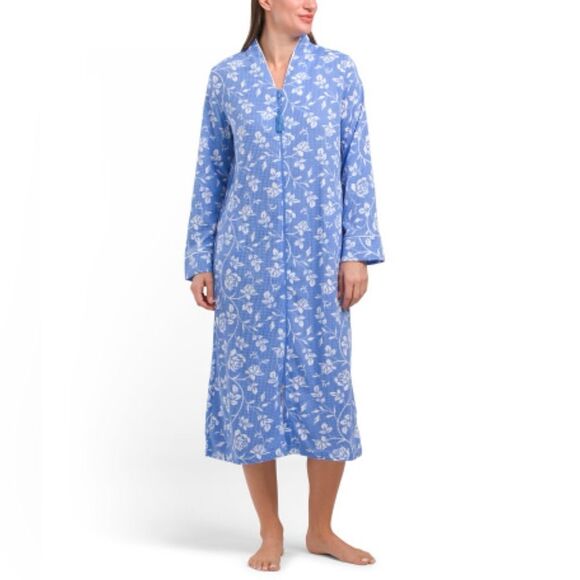 jasmine rose SML Light Blue White Floral Waffle Knit Full Zip Long Sleeve Robe - Picture 1 of 15